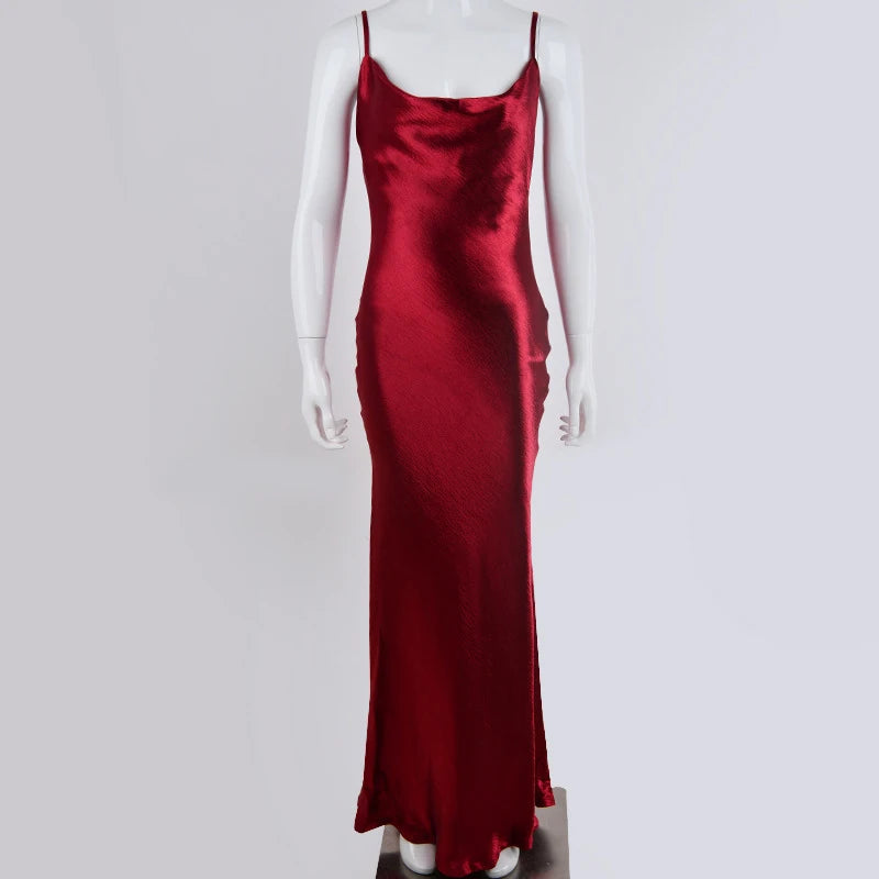 Voguable  Elegant Satin Long Dress Backless Lace Up Slim Fit Spaghetti Strap Summer Banquet Party Long Dress Night Club Evening Vestidos voguable