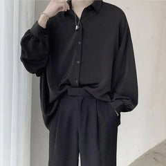 Korean Style Men's Long-sleeved Shirts Black Tie Cozy Casual Solid Oversize Blouses Breathable Loose Shirt Harajuku Male Clothes voguable
