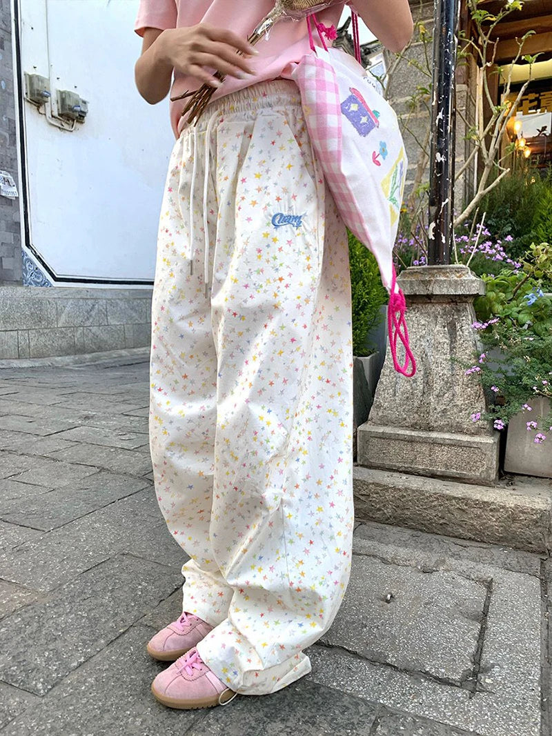 Stars Print Letter Cargo Pants Women Sweet Fashion High Waist Wide Leg Trousers Casual Loose Preppy Style Female Cute Pants voguable