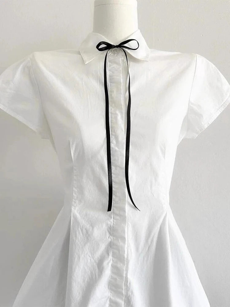Elegant Bow Women Shirts Summer Short Sleeve White Preppy Style Blouse Tunic Bandage Simple Solid Korean Ladies Tops New voguable