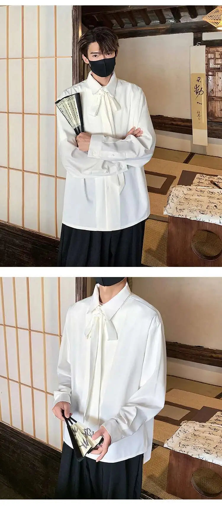 Korean Style Men's Shirts Turn-down Collar Detachable Tie Lace-up Design Single Breasted Casual Solid Color Male Tops 9W180 voguable