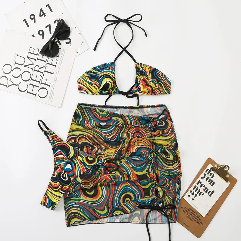 Voguable  3 Pieces Bikini Set With Skirt  Tie Dye String Thong Bathing Suit Women Swimsuit Female  Swimwear Beach Wear Swim Lady Summer voguable