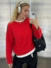Solid Knit O-neck Elegant Women Pullover Long Sleeve Oversized Loose Soft Warm Sweater  Autumn Chic Casual Office Knitwears voguable