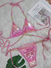 Voguable Sexy Pink Brozing Bikini Set 2024 Women Luxury Rhinestone Criss Cross Bandage Micro Swimsuit Bathing Suit Diamond Thong Swimwear voguable