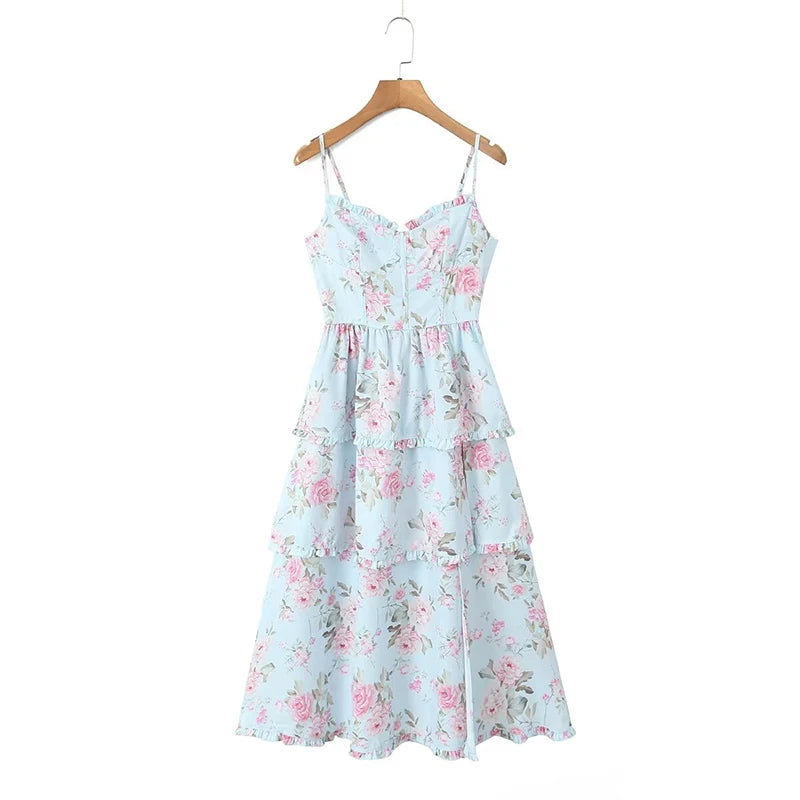 Voguable Floral Print Layered Spaghetti Strap Dress Women Sexy Elegant Party Dresses Chic Slit Hem Female Summer Dresses Lacing Up voguable