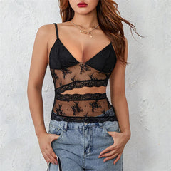 y2k Lace Crop Top Women See Through Spaghetti Strapless Sleeveless Cut Out Tanks 2000s Aesthetic Clothes Streetwear voguable