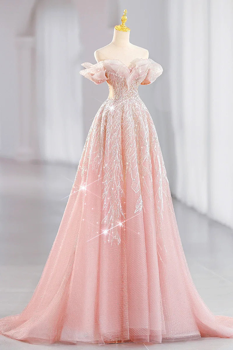Voguable  New Dream Pink Princess Evening Dress The Bride Is Long and Slim Paillette Sexy Formal Dress Women Elegant Evening Dresses voguable