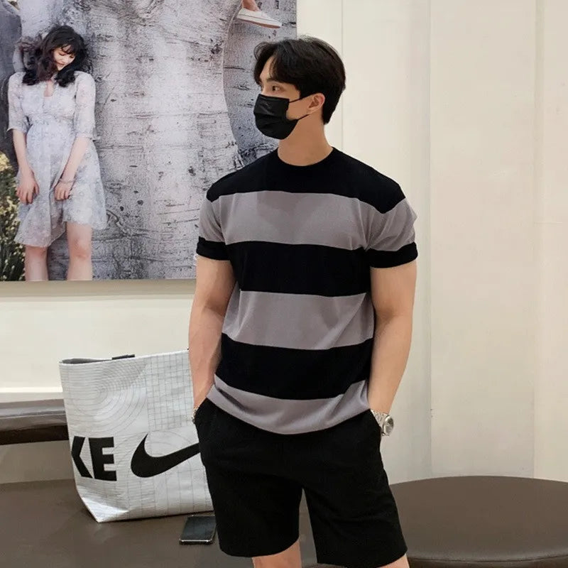 Men's Luxury Knitted Texture Striped T Shirt Casual Streetwear O Neck Button Short-Sleeved Tees Fashion Leisure Knitwear voguable