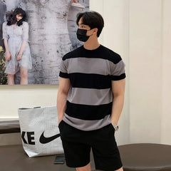 Men's Luxury Knitted Texture Striped T Shirt Casual Streetwear O Neck Button Short-Sleeved Tees Fashion Leisure Knitwear voguable