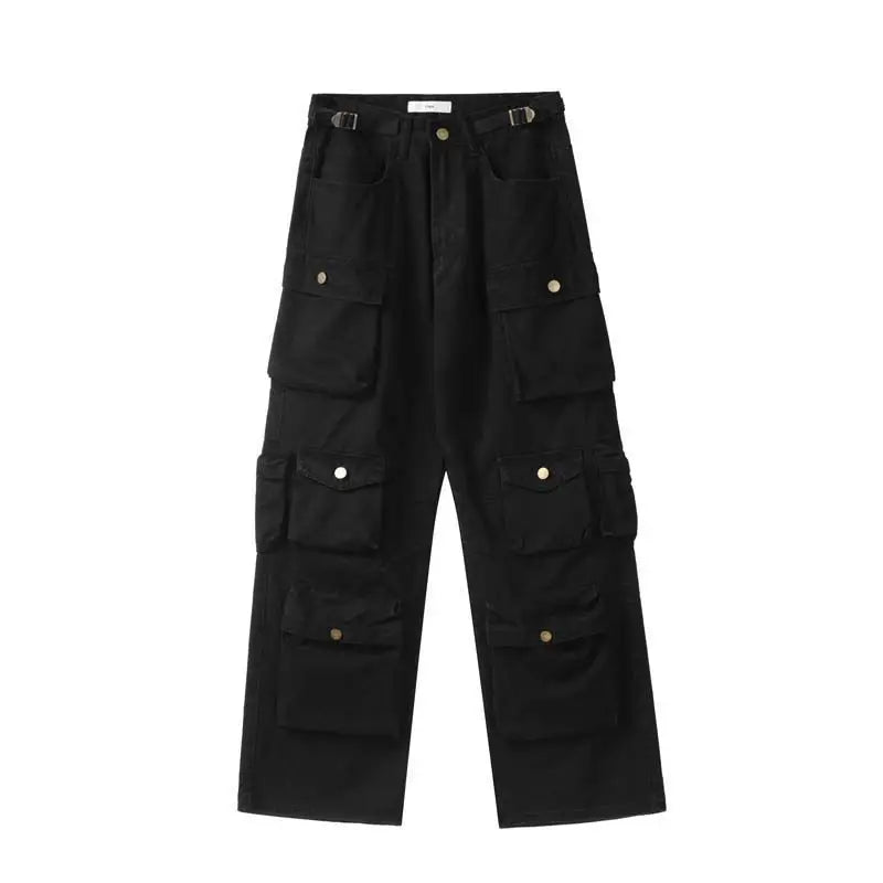Street Popular White Multi-pocket Overalls Men's Harajuku Style Loose Casual Trousers Straight Mopping Pants Autumn New voguable