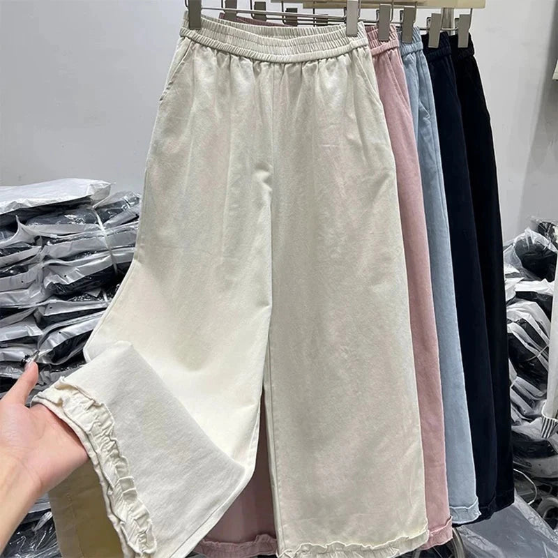 Korean Chic Ruffle Patchwork Ankle Length Pants Women Summer High Waist Loose Wide Leg Pants Elastic Waist Baggy Casual Trousers voguable