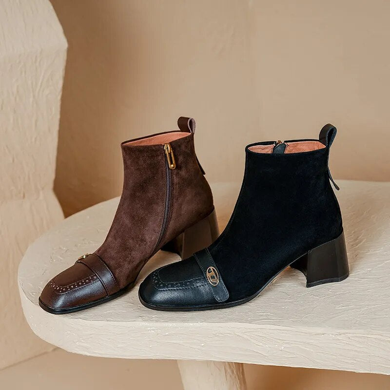 New Winter Women Boots Square Toe Chunky Heel Boots Genuine Leather Sheep Suede Leather Shoes for Women Retro Ankle Boots voguable