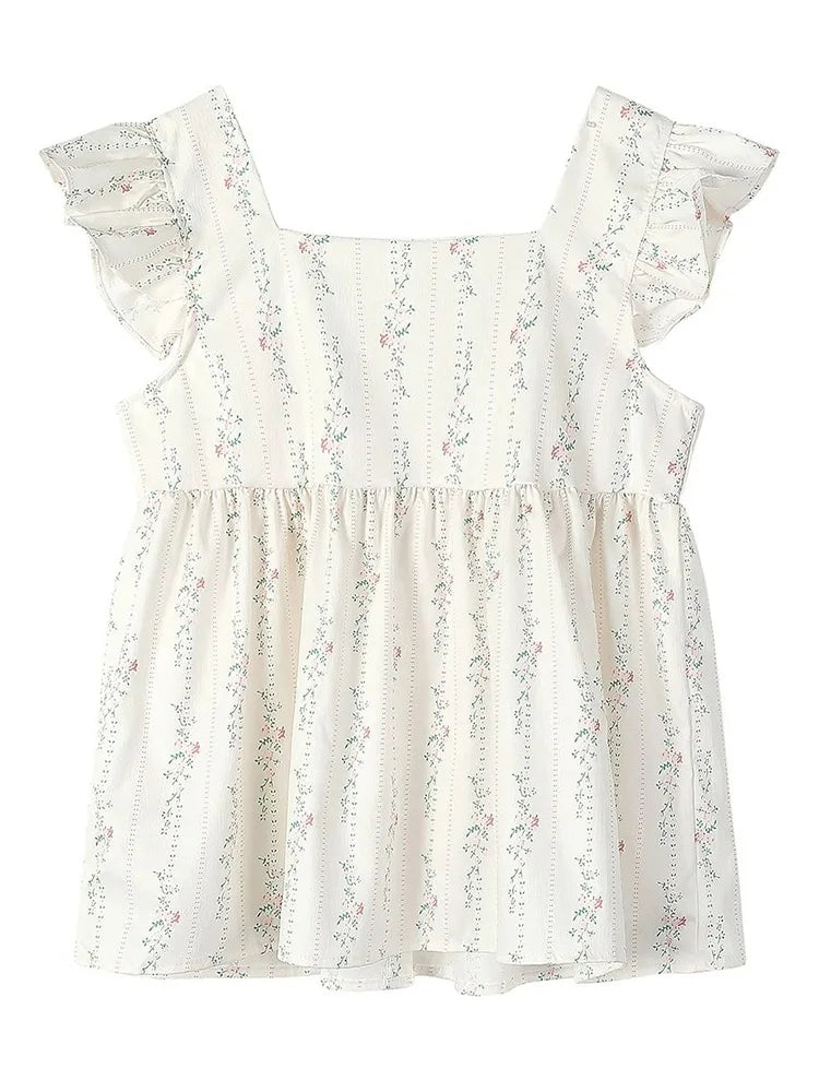 Floral Vintage Sweet Tanks Women Elegant Slim Flying Sleeve Casual Tanks Tops French Retro Square Collar Female Summer Tops voguable