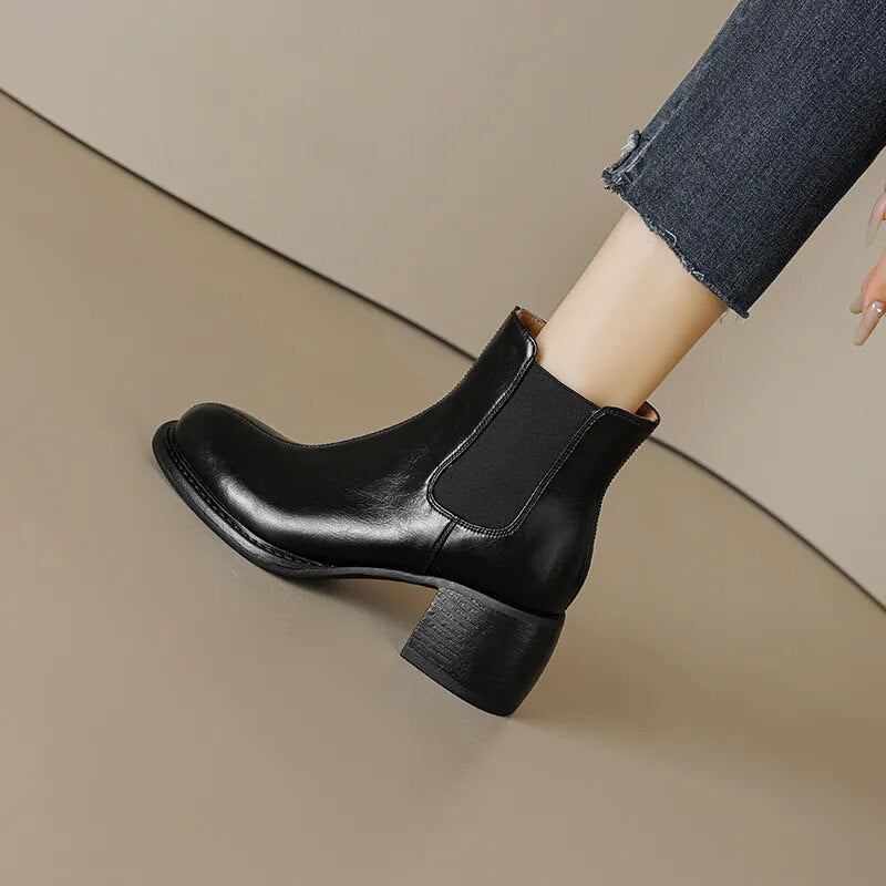 Women Ankle Boots Autumn Winter Office Lady Shoes Woman Genuine Leather Round Toe Thick High Heels New Back Elastic Band Basic voguable