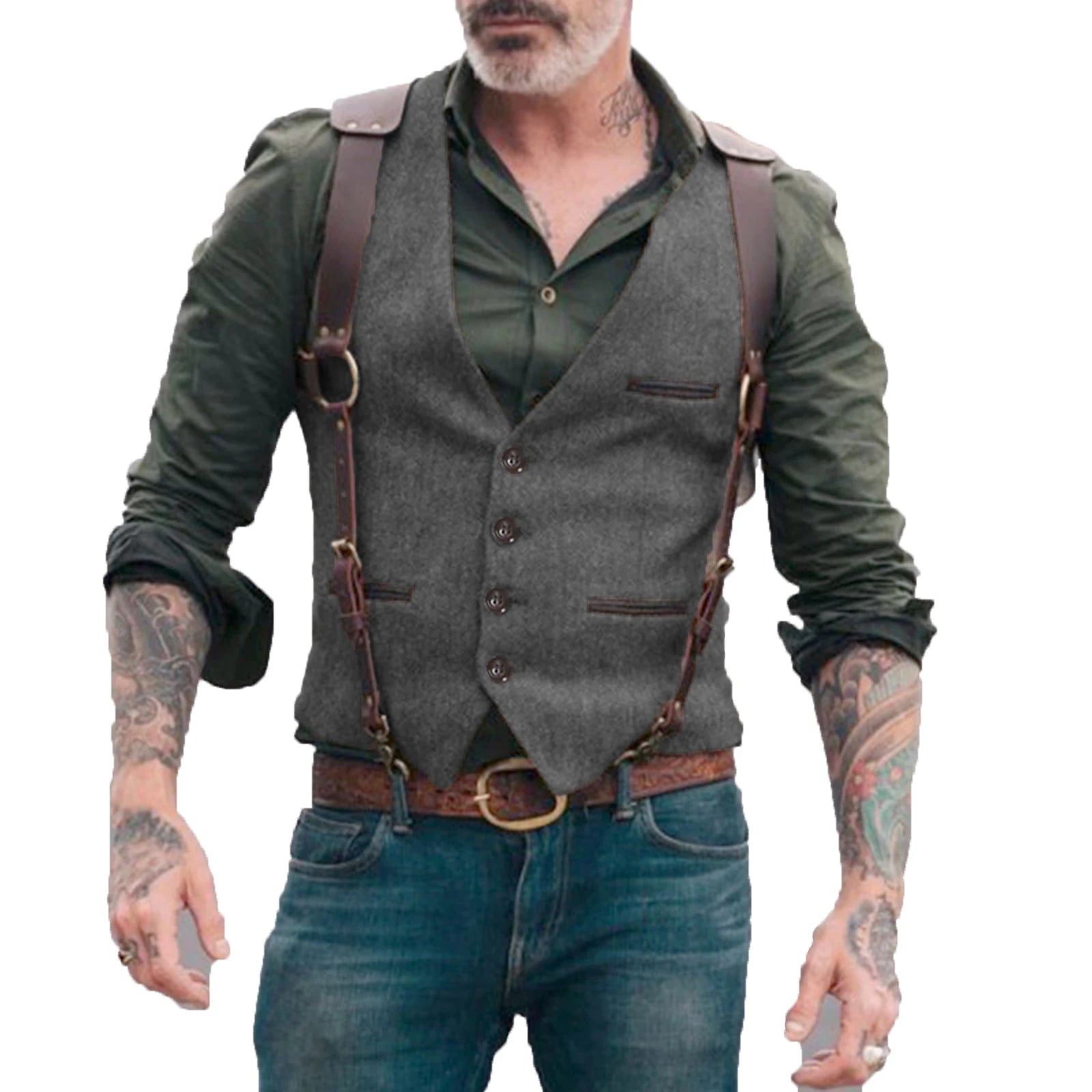 Men's Vests Men Brown Waistcoat Vest Man Steampunk Jacket Striped Tweed V-neck Slim Fit Gilet Wedding Clothing voguable