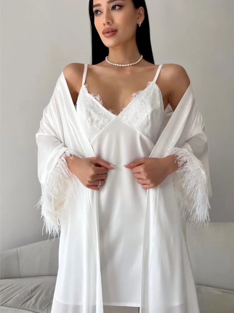 White Slip Dress +belted Cardigan Jacket Two Piece Set Sexy Feather Satin Pajamas Spring Summer Sleepwear Women Clothing 2025 voguable