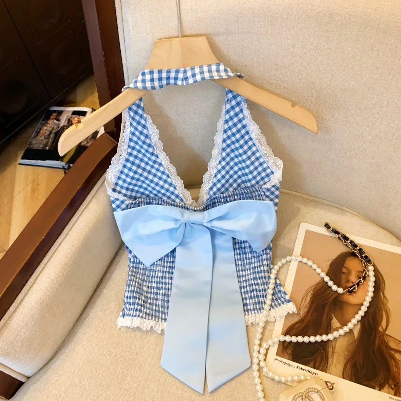 French Sweet Spicy Camis Hanging Neck Camisole Lace Patchwork Plaid Print Short Top Sexy Deep V-neck Bandage Halter Crop Tops voguable