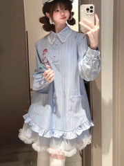 Lace Patchwork Striped Dress Women Sweet Floral Embroidery Mini Dress Fall Preppy Style Long Sleeve Cute Korean A Line Dress New voguable