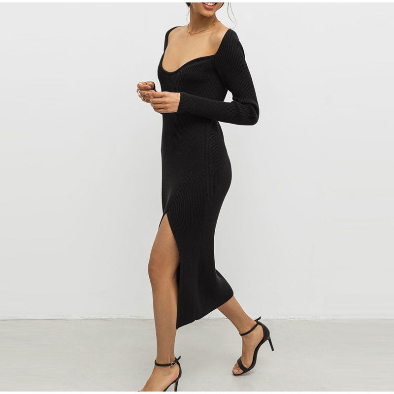 Bodycon Knitted Women Sweater Dress Long Sleeve Sexy Off Shoulder Split Elegant Party Dresses Fashion Autumn Winter voguable