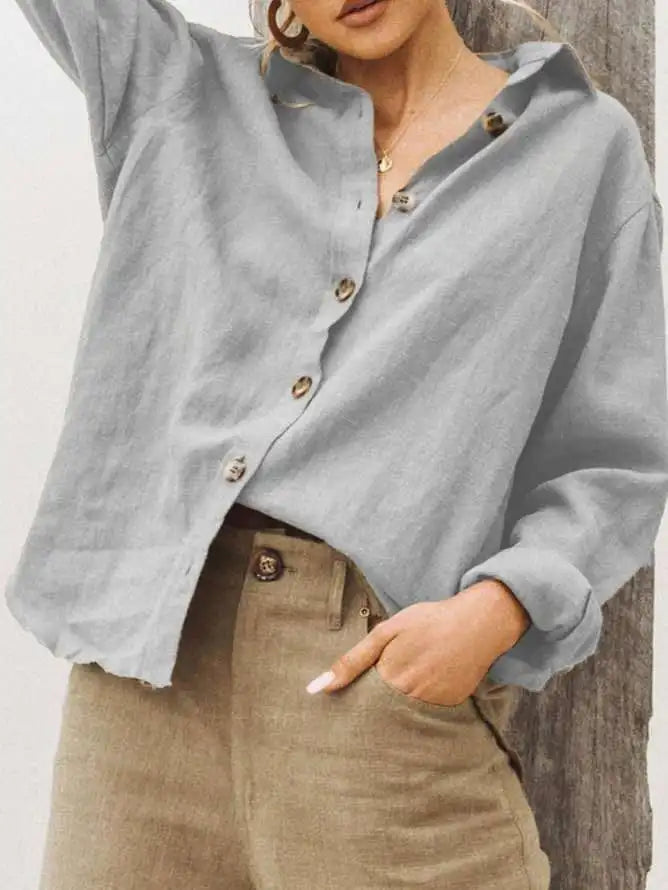 Voguable  Fashion Solid Color Loose Fit Simple Versatile Casual Women's Shirt Turn-dowen Collar Button Lightweight Long Sleeved Shirt New voguable