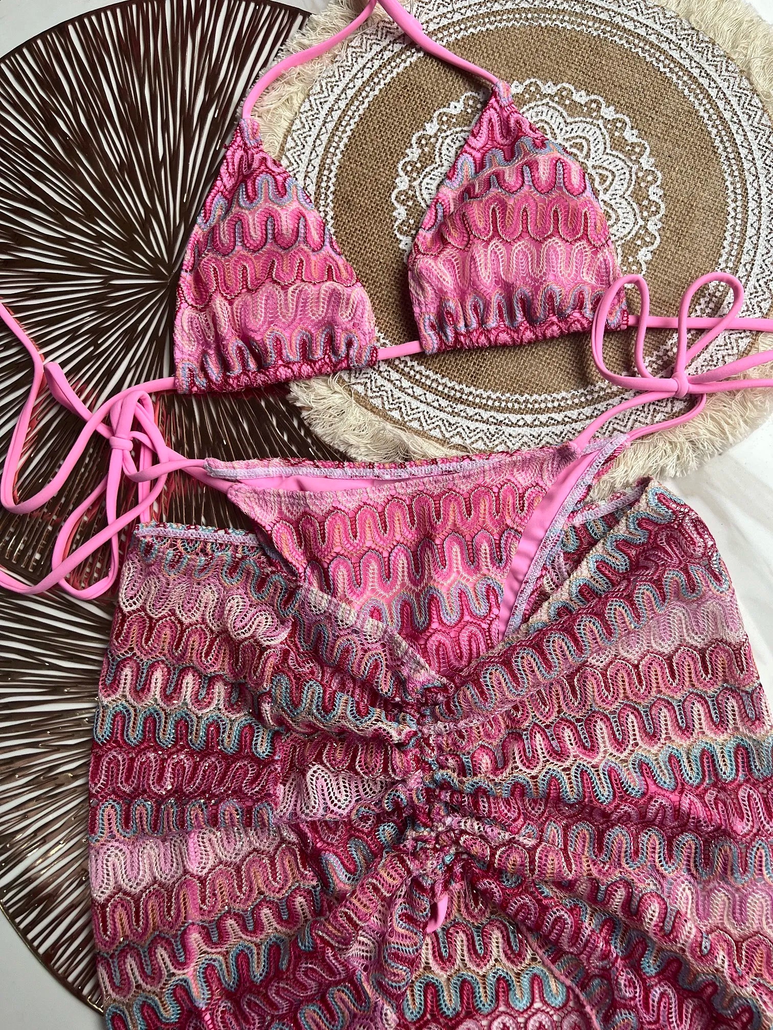 Bikini Crochet Swimwear Kintting Swimsuit Three Piece With Skirt Beachwear voguable