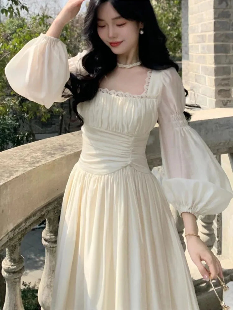 Autumn Vintage 2025 Sweet Beige Square Neck Princess Dress New French Style High Waist Slim Pleated Evening Long Dress Chic New voguable