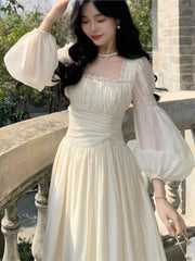Autumn Vintage 2025 Sweet Beige Square Neck Princess Dress New French Style High Waist Slim Pleated Evening Long Dress Chic New voguable
