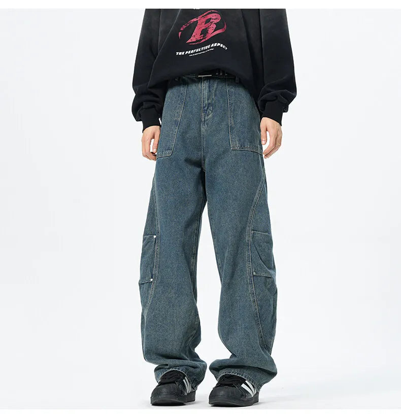 Patchwork style Men's Baggy Straight Jeans Personality unisex Fashion Korean High Street Denim Pants Streetwear Male Trousers voguable