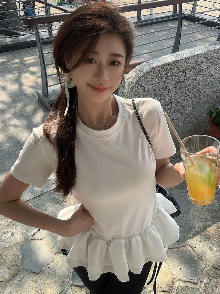 Women Patchwork Fringed Ruffles O-neck Cotton Tshirt Womans Summer Clothes Elegant Solid Shirt Women Slimming Short Sleeve Tee voguable