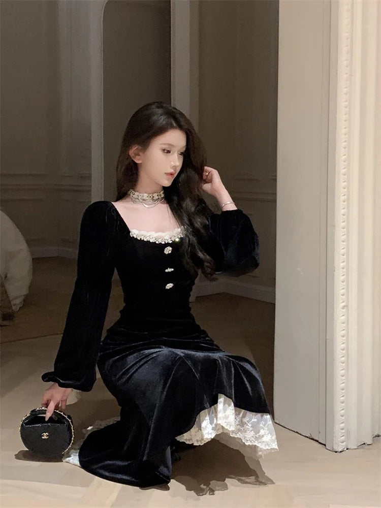 Lace Patchwork Black Dress Women Fall Winter French Elegant Square Collar Midi Dress Ladies Gold Velvet Party Fishtail Vestidos voguable