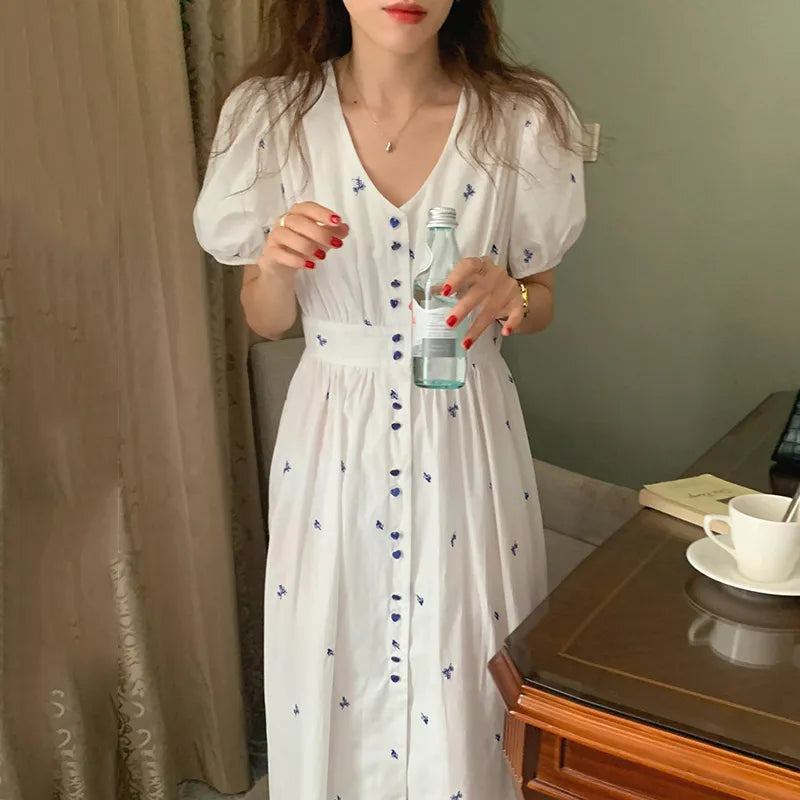 Women Dress  Korean Fashion Elegant V-neck Button Embroidered Flowers Collect Waist Bubble Sleeves Long Vestidos voguable