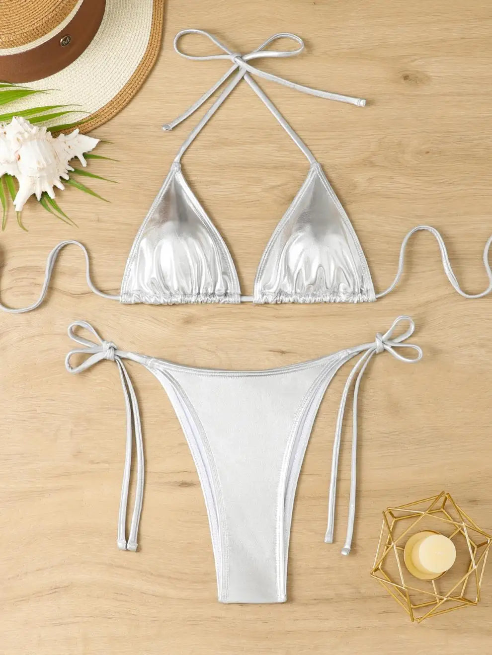 Voguable  Sexy Shiny Silver Bikini Set Women Push Up Micro Swimsuit  Brazilian Beach Bathing Suit Tie Side Thong Swimwear Biquini voguable