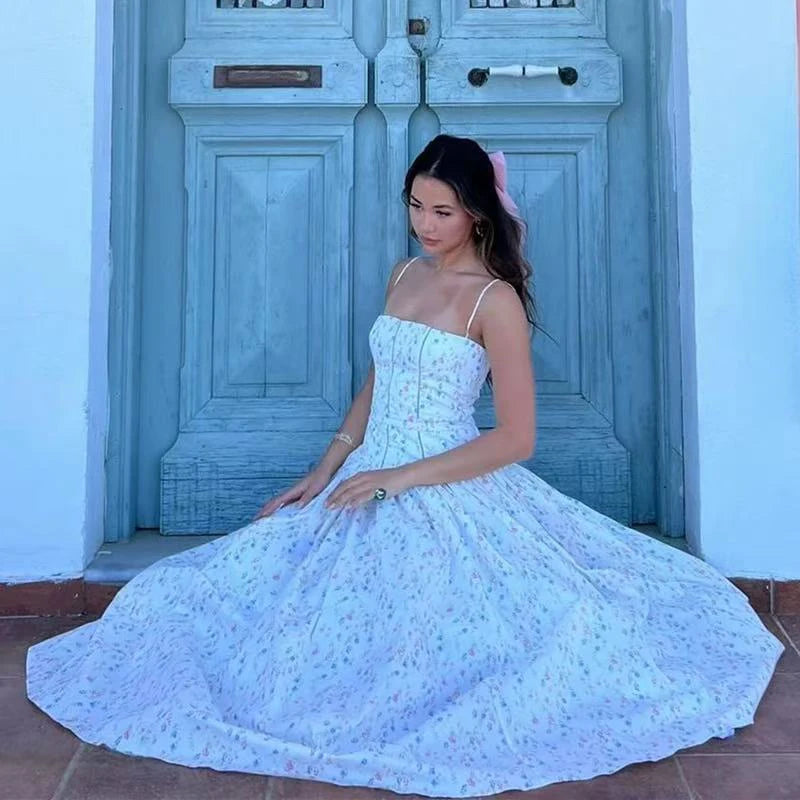 French Elegant Flower Prints Camis Dress Women Summer Sexy Spaghetti Strap A Line Dress Lady Fashion Slim Pleated Party Vestidos voguable