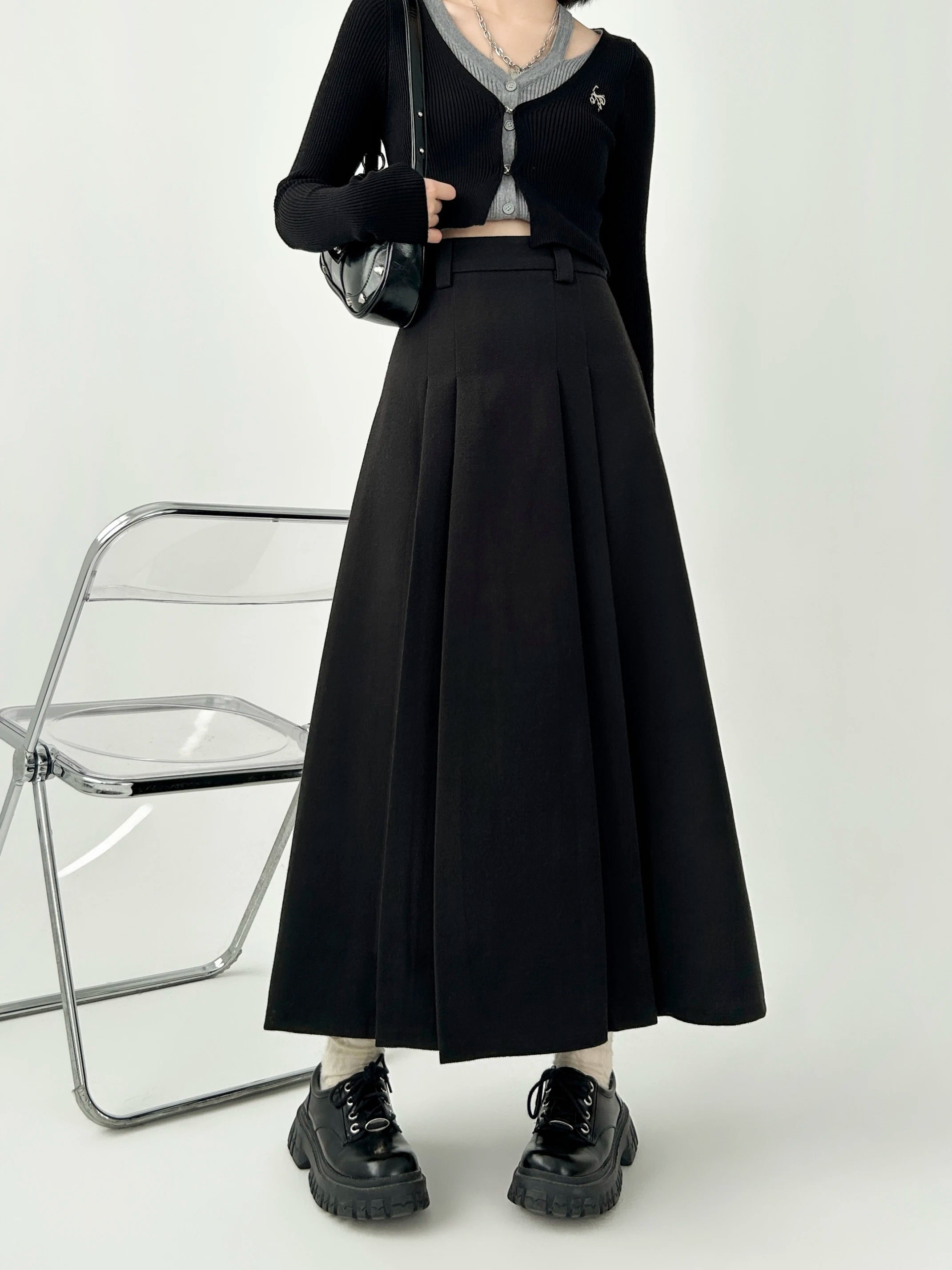 Women's A-line Black Pleated Skirt Vintage 90s Aesthetic Y2k Grey Long Skirt Harajuku Korean Skirts 2000s Clothes 2024 voguable