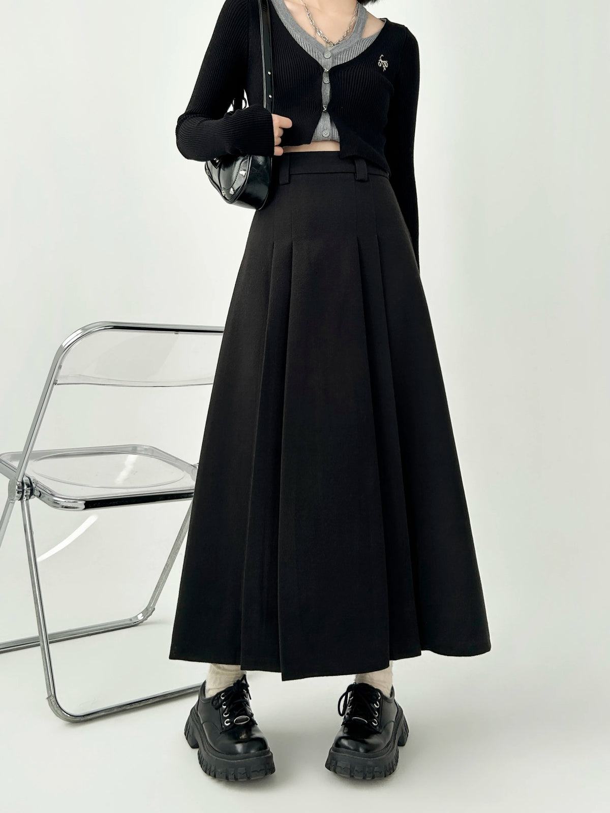 Women's A-line Black Pleated Skirt Vintage 90s Aesthetic Y2k Grey Long Skirt Harajuku Korean Skirts 2000s Clothes 2024 voguable