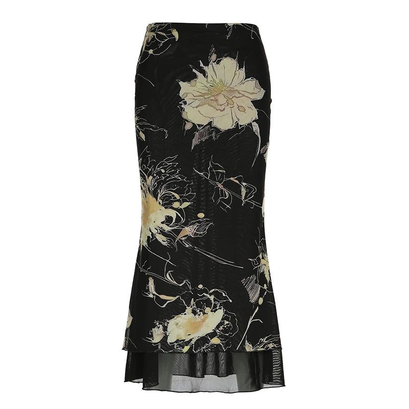 Vintage Floral Print Low Rise Long Skirt Streetwear 90s Slim-fitting Women's Skirts Harajuku y2k Aesthetic Ladies Bottoms voguable