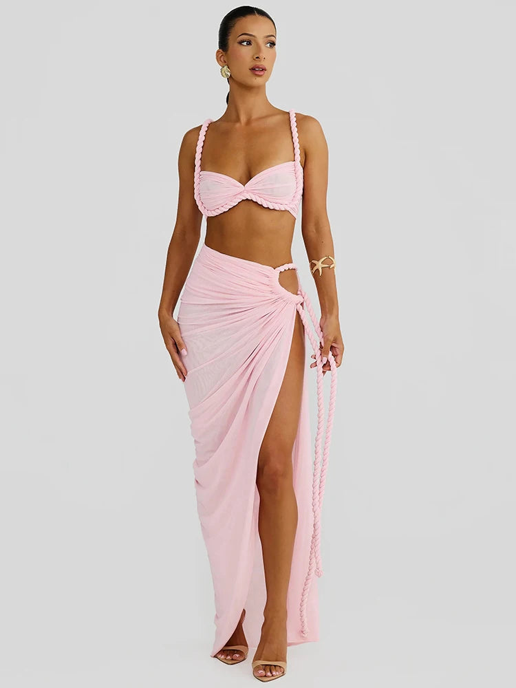 Summer Beach Sexy Two Piece Sets Women Strapless Crop Tops And Maxi Skirt Female Elegant Vacation Club 2 Piece Set voguable