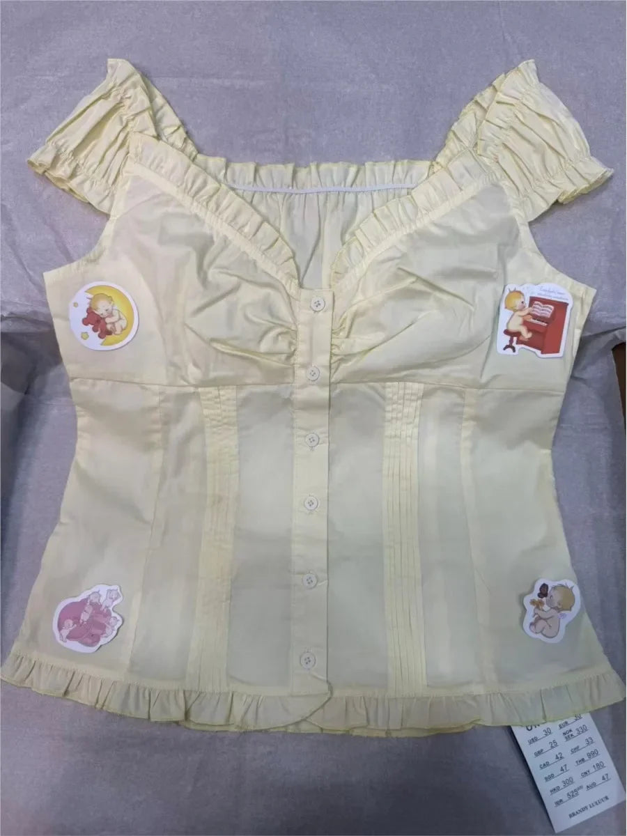 Voguable  Yellow Sweet Folds Blouse Casual Single Top Women Breasted Ruffle Sleeveless Tank Cute Casual Tops Vest Preppy Style Camis Y2K voguable