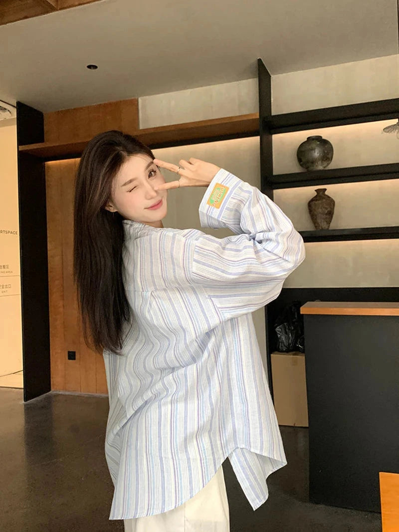 Sweet Casual Women Striped Shirts Loose Long Sleeve Vintage Cotton Linen Sun Proof Blouse Korean Preppy Style Letter Retro Tops voguable