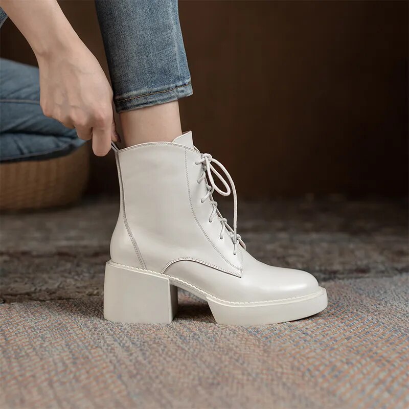 Retro Lace-up Mature Female Concise Women Ankle Boots Genuine Leather Thick Heels Autumn Winter Side Zipper Office Shoes Woman voguable