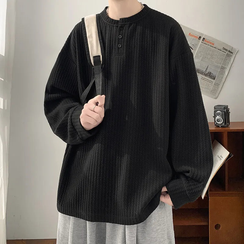 Long Sleeved T-shirt Men White Casual Round Neck T Shirt Men Streetwear Korean Loose Pleated T Shirt Mens Top Large Size 4XL voguable