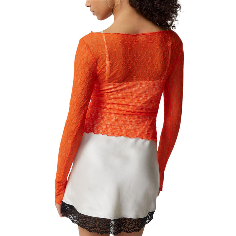 Lace Tops for Women y2k Clothes Sheer See Through Round Neck Long Sleeve Ruched T Shirt 2000s Clothing Party Clubwear voguable