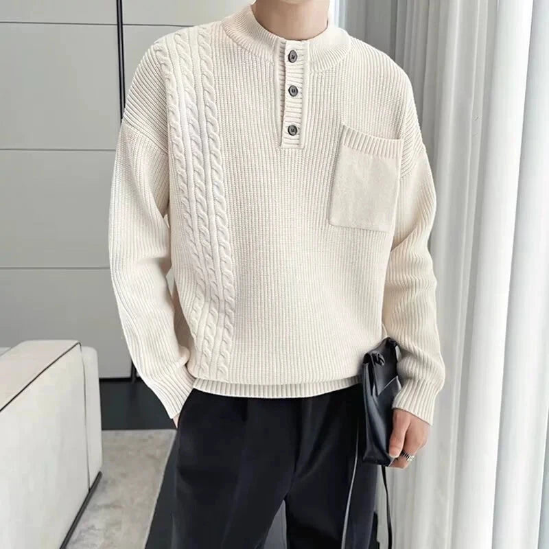 Korean Popular Men's Henry Collar Sweater Light Luxury Knit Long Sleeve Button Pullover Trending Jacquarded Solid Color Knitwear voguable