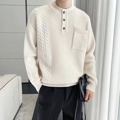 Korean Popular Men's Henry Collar Sweater Light Luxury Knit Long Sleeve Button Pullover Trending Jacquarded Solid Color Knitwear voguable