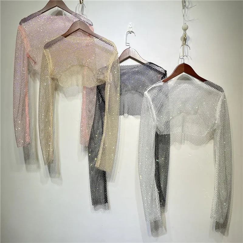 Sparkly Crystal T-shirts Women O-Neck Hollow Out Sexy See Through Tank Tops Night Partywear Crop Shirts Tee Y2K Tops 2022 voguable