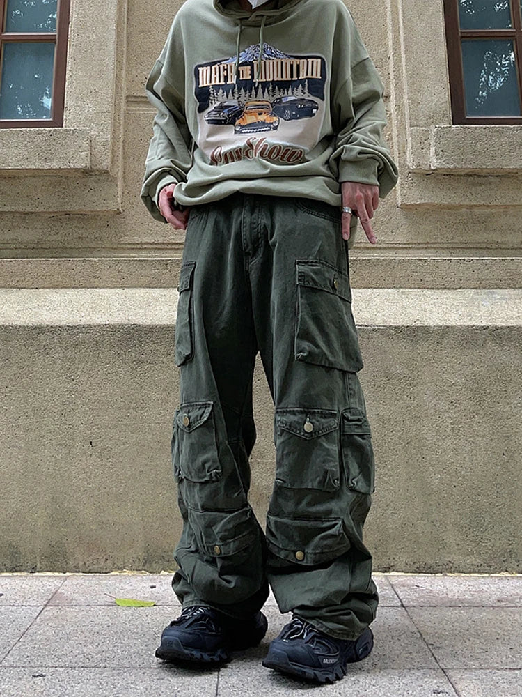 Street Popular White Multi-pocket Overalls Men's Harajuku Style Loose Casual Trousers Straight Mopping Pants Autumn New voguable