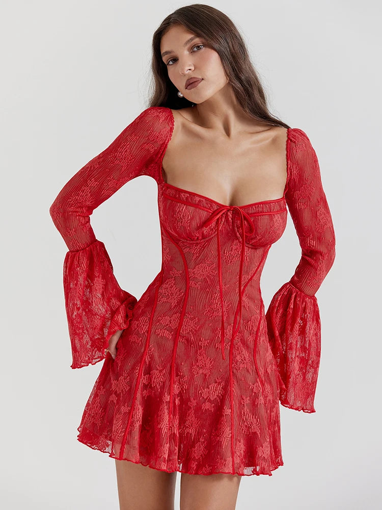 Elegant Backless Long Flare Sleeve Print Mini Dress Women Fashion square collar A-line Pleated Club Party Sexy Dress voguable