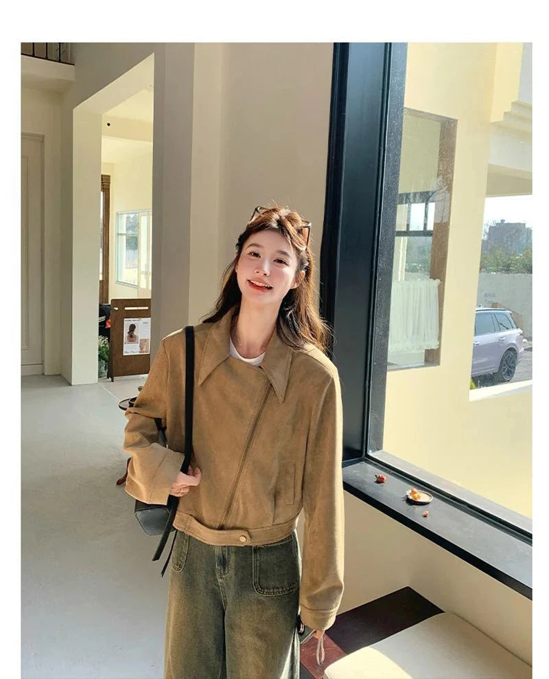 Retro Biker Faux Suede Jacket Women Fall Casual Long Sleeve Slim Short Coat Streetwear American Hip Hop Harajuku Tops New voguable