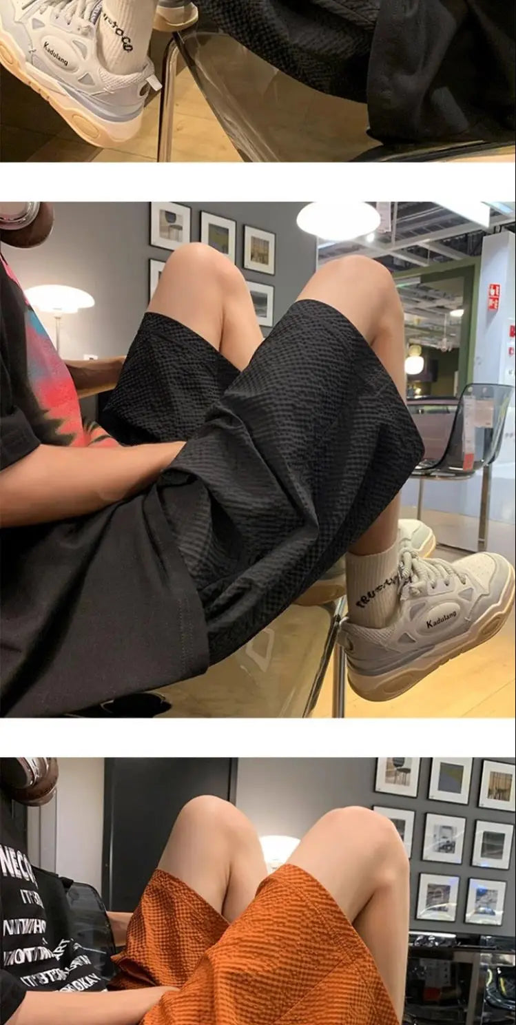 Fashion Elastic Lace Up Seersucker Thin Ice Silk Black Pink Quick-drying Breathable Shorts Casual Beach Shorts Pants Clothes voguable