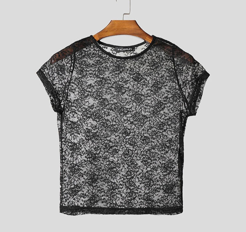 Summer Men T Shirt Lace Transparent O-neck Sleeveless Sexy Crop Tops Men Tees Streetwear 2025 Fashion Men Clothing S-5XL voguable